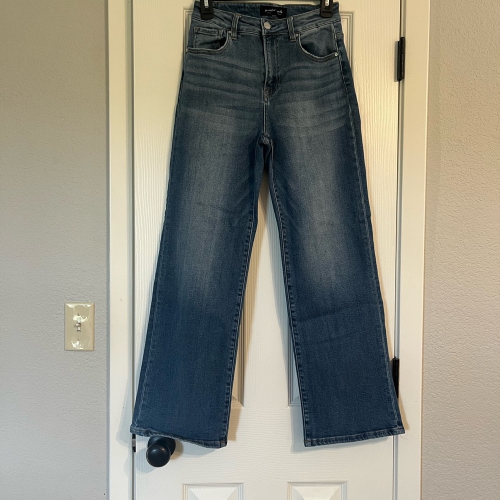 Risen Flare Wide Leg Jeans with High-Rise Waist